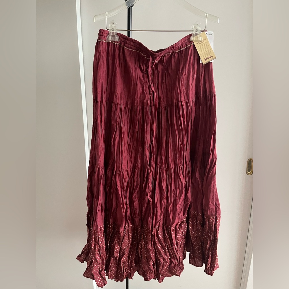 Fabindia NWT crinkled long skirt cotton Maroon burgundy & gold skirt Sz L / XL